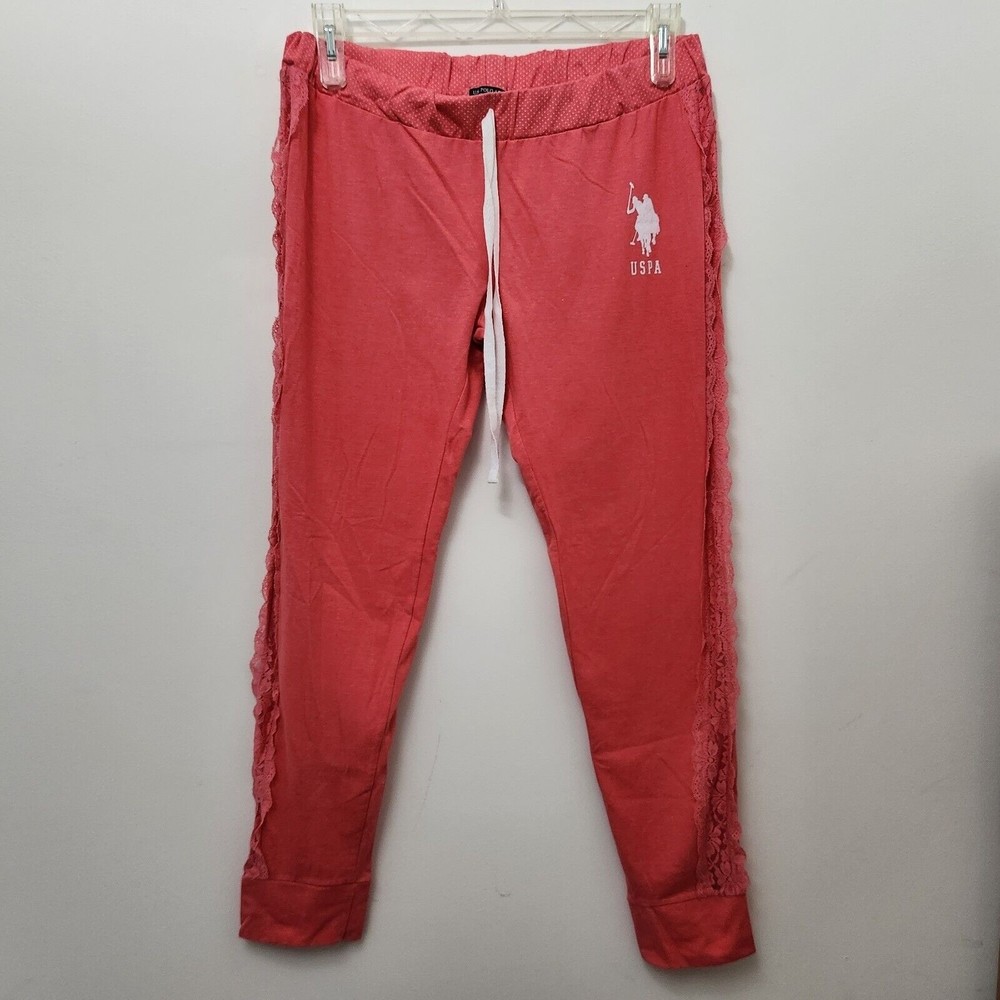 US POLO ASSN Women's Pink Pajama Bottoms Sweatpants Drawstring Crochet Size L